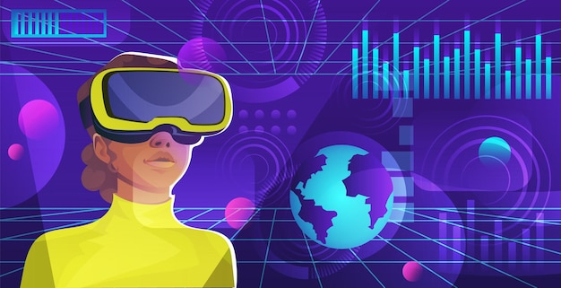 Pessoa em roupas casuais usando óculos vr assistindo em realidade virtual mundo espaço digital interface planeta holograma tecnologia de rede abstrato ciberespaço futurista ciência vetor ilustração