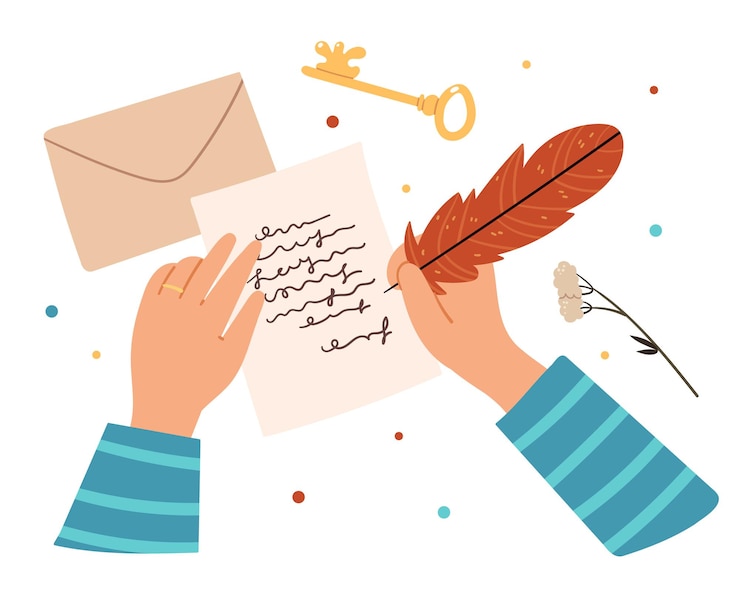 Vetor pessoa escreve uma carta com uma caneta de pássaros.
