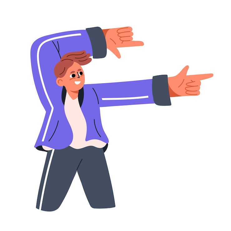 Vetor pessoa feliz anunciando com gesto de mão mostrando ao lado apresentando smth animado jovem personagem masculino sorrindo e apontando com os dedos ilustração em vetor plana isolada no fundo branco