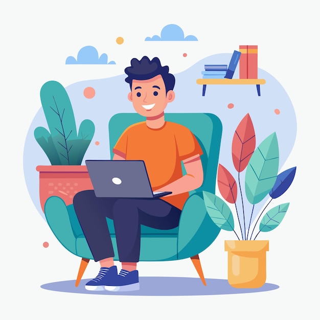 Pessoa feliz com computador portátil sentada em uma poltrona Trabalhador freelancer em trabalho remoto on-line Feb