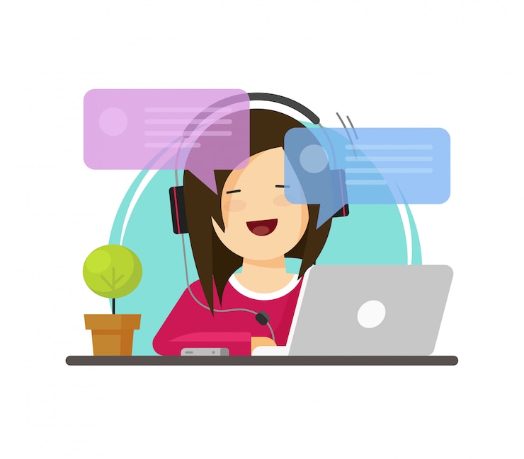 Vetor pessoa feliz menina trabalhando no computador na mesa de trabalho e conversando on-line vetor de exibição de fonte no estilo cartoon plana