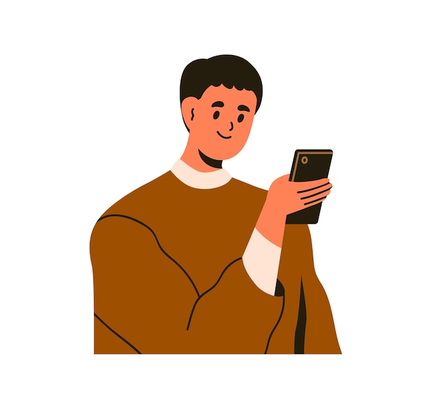 Vetor pessoa feliz olhando para o smartphone na mão, lendo mensagem, navegando na internet. homem sorridente segurando celular, rolando mídias sociais online. ilustração vetorial plana isolada em fundo branco.