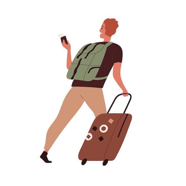 Pessoa feliz viajando com bagagem. Turista se despedindo e saindo com mala, passaporte e passagem. Ilustração em vetor plana colorida de viajante masculino isolado no fundo branco.