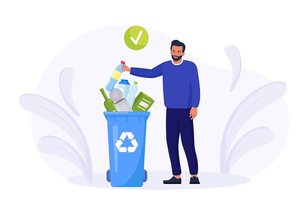 Pessoa joga lixo em recipientes de lixo, lixeiras com placa de reciclagem. Morador da cidade coletando lixo. Recicle lixo, reciclando lixo ambiental. Reciclagem, poluição, proteção ecológica