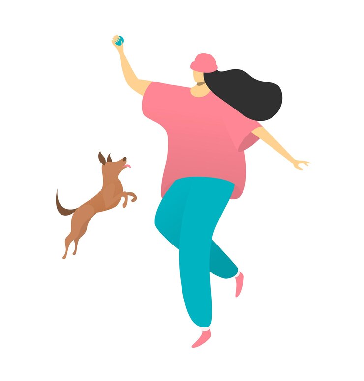 Vetor pessoa menina brincar com cachorro de estimação ilustração vetorial jovem mulher feliz e cachorrinho de animal estilo de vida