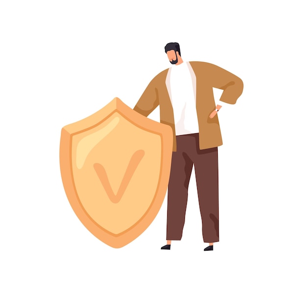 Pessoa minúscula de pé com escudo seguro como símbolo de defesa e seguro. conceito de segurança cibernética e privacidade. homem defendendo e protegendo dados. ilustração em vetor plana isolada no fundo branco