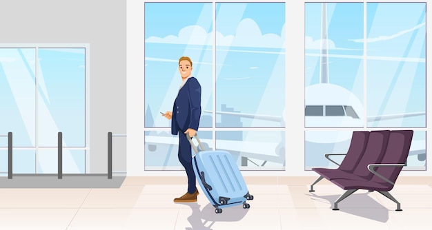Pessoa no aeroporto com uma mala de estilo plano dentro de um aeroporto com uma vista de avião Conceito de viagem Ilustração vetorial