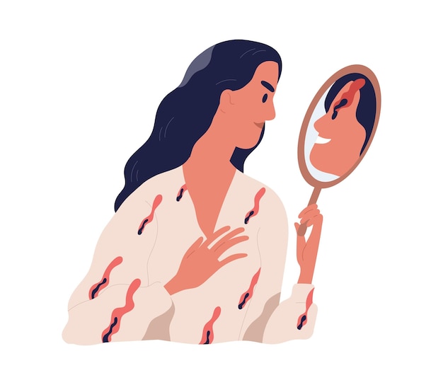 Pessoa olhando para o reflexo do espelho com seu diabo interior. Verdadeiro auto e conceito de natureza real. Problemas psicológicos da personalidade. Ilustração em vetor plana colorida isolada no fundo branco.