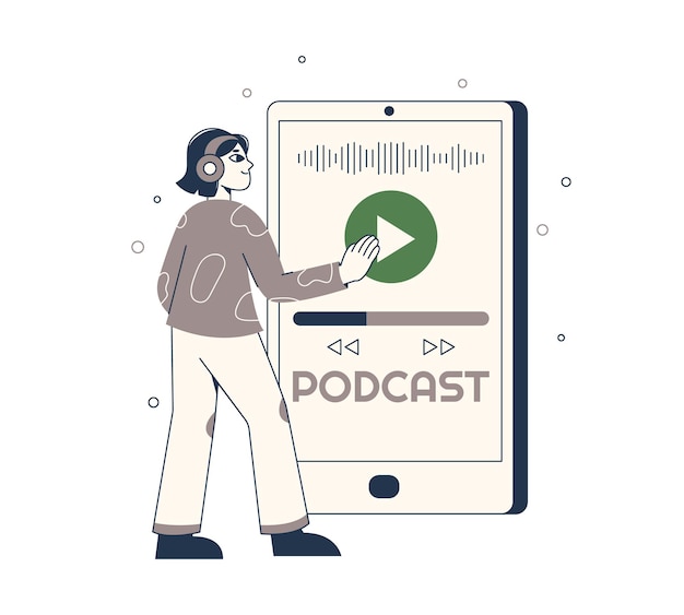 Pessoa ouvindo podcast de áudio ou talk show de entrevista ilustração de símbolos de vetor de desenho animado plano