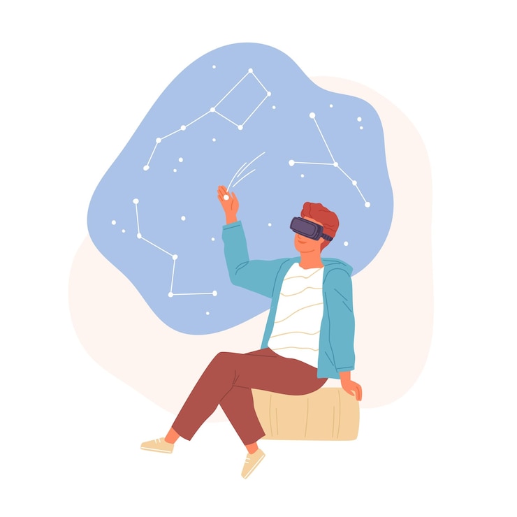 Vetor pessoa que estuda astronomia em realidade virtual usando fone de ouvido vr. educação moderna de adolescente em óculos de simulação. ilustração em vetor plana colorida dos desenhos animados do espaço cibernético isolado no fundo branco.