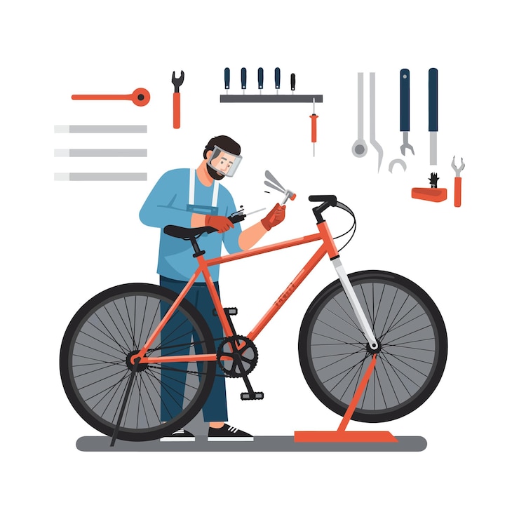 Vetor pessoa reparando uma bicicleta com ferramentas em um ambiente de oficina mostrando habilidade artesanal