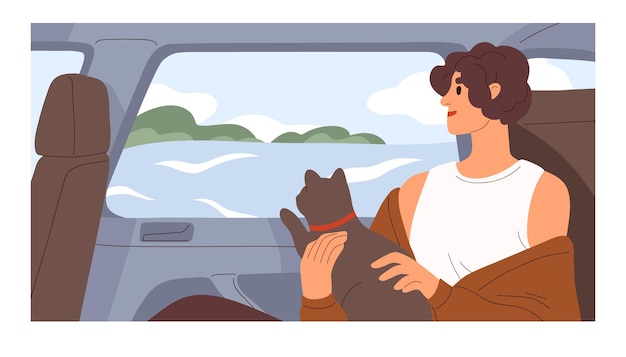 Pessoa viajando com gato de carro, olhando pela janela para a paisagem do mar. Turista com animal em viagem de férias de verão à beira-mar. Ilustração em vetor plana colorida de mulher feliz e animal de estimação no automóvel.