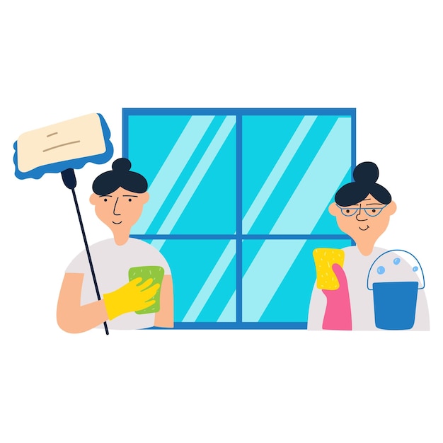 Pessoal da equipe de limpeza Limpeza da janela com ferramentas profissionais Desenho plano Ilustração em fundo branco