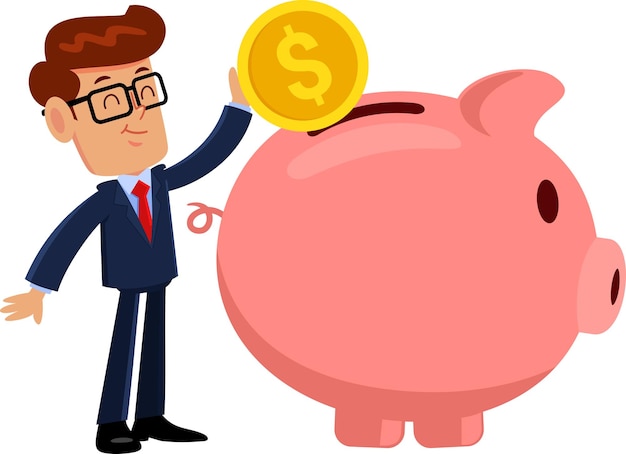 Pessoal de desenho animado de empresário colocando moeda em caixa de porcos Ilustração vetorial Desenho plano