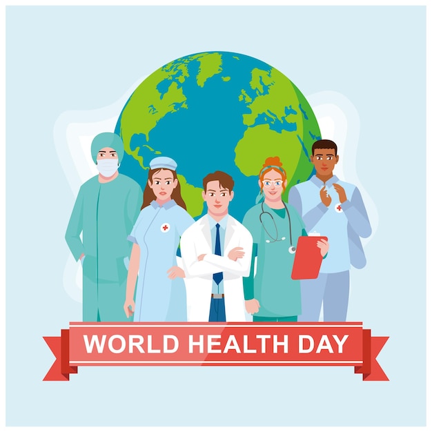 Pessoal médico em frente ao globo Dia Mundial da Saúde com profissionais de saúde Conceito do Dia Mundial da saúde Ilustração vetorial plana