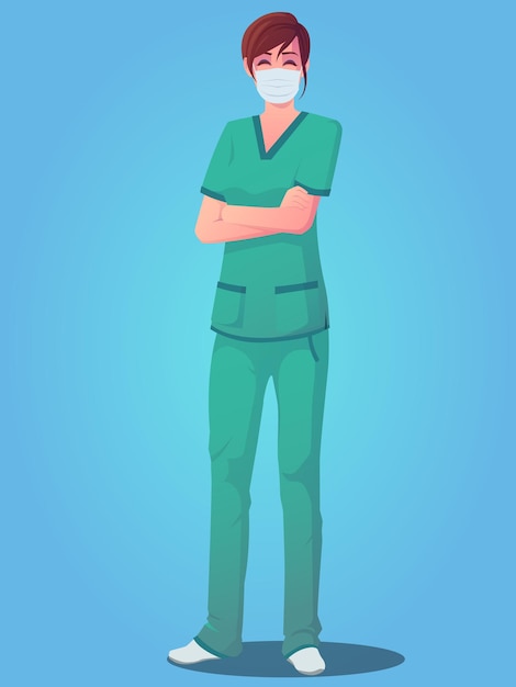 Pessoal médico feminino usando uniforme, em pé com os braços cruzados e usando uma máscara