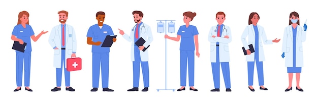 Pessoal profissional do hospital Trabalhadores de clínicas médicas Médicos e enfermeiros Terapeuta Cirurgião e anestesista Set de ilustrações de vetores planos Personagens de medicina e saúde