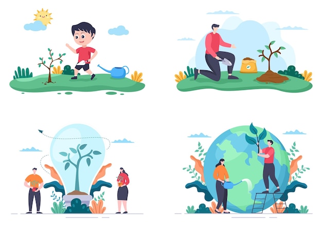 Pessoas a plantar árvores ilustração em vetor plana dos desenhos animados com jardinagem, agricultura e agricultura, usam raízes de árvores ou uma pá para cuidar do conceito de ambiente