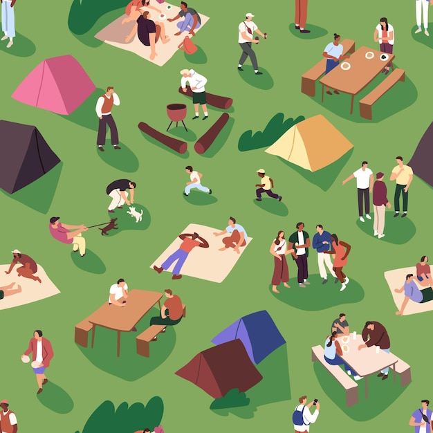 Pessoas acampando fazem um piquenique em uma clareira Família se diverte em um festival de churrasco Amigos relaxam em uma cidade de tendas Repetindo barulho entretenimento ao ar livre recreação de férias Ilustração sem costura de vetor plano