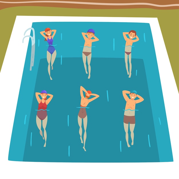 Pessoas alegres fazendo aeróbica aquática na piscina personagens masculinos e femininos se exercitando na água