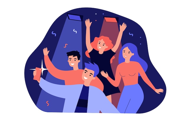 Pessoas alegres fazendo selfie no smartphone durante ilustração plana isolada de festa