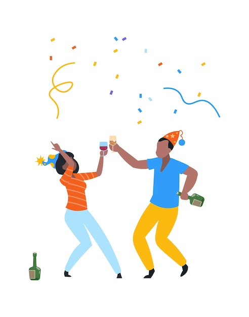 Pessoas alegres Personagens de desenhos animados dançando comemoram aniversário Homem e mulher em chapéus de férias levantam copos com bebidas alcoólicas Festa divertida com confete e ilustração vetorial de música disco