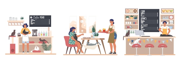 Pessoas amantes de animais de estimação visitando café de gatos conjunto de ilustrações vetoriais planas personagens masculinos e femininos funcionários do café clientes brincando com gatos adoráveis acariciando gatinhos bonitos comendo sushi sobremesas de fast food