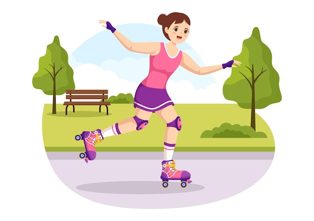 Pessoas andando de patins no parque da cidade para atividade ao ar livre na ilustração dos desenhos animados