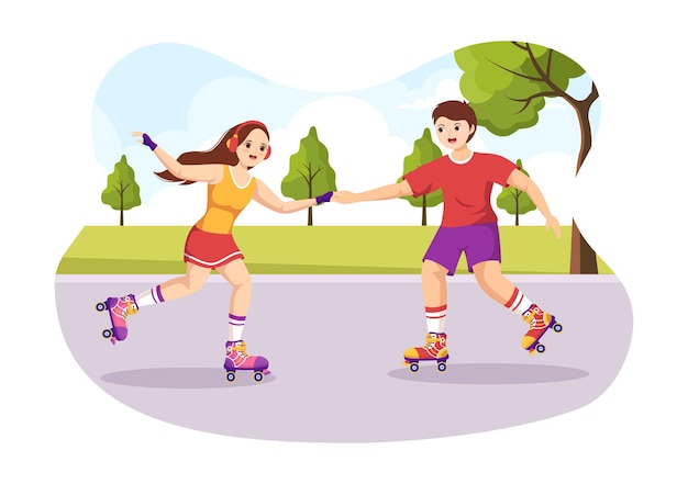 Pessoas andando de patins no parque da cidade para atividade ao ar livre na ilustração dos desenhos animados