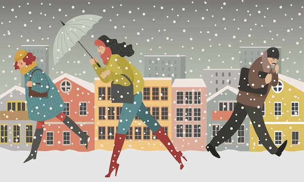 Pessoas andando na ilustração do conceito moderno de cidade de homens e mulheres, andando sob a neve na rua