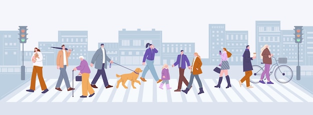 Pessoas andando na rua de pedestres Moderna cidade povoada e multidão Pessoas de negócios crianças e proprietários de animais de estimação andam na cena urbana do vetor kicky de pedestres da ilustração de pessoas de rua de pedestres