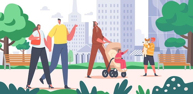 Pessoas andando no parque da cidade casal amoroso de mãos dadas mãe andar com bebê no carrinho de criança abraço cão engraçado no fundo da paisagem urbana pessoas personagens passeio desenhos animados ilustração vetorial