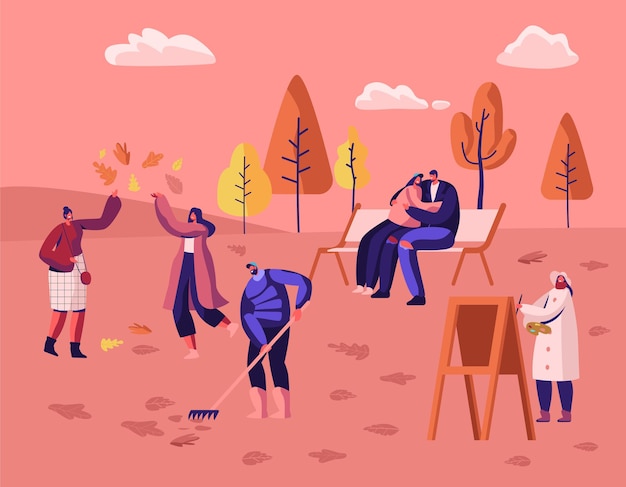 Pessoas andando no parque da cidade de outono entre árvores coloridas e folhas caídas. Ilustração plana dos desenhos animados