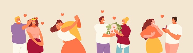 Pessoas apaixonadas são casais felizes. Personagens vetoriais de férias de São Valentim