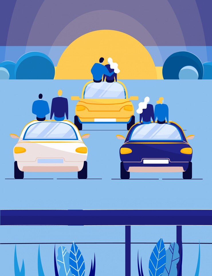 Vetor pessoas apreciando a vista por do sol, sentado em telhados de carros.