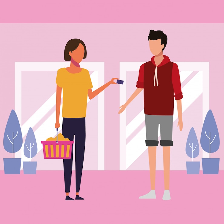 Vetor pessoas às compras no shopping