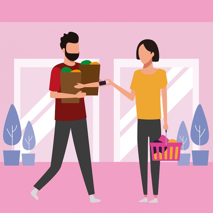 Vetor pessoas às compras no shopping