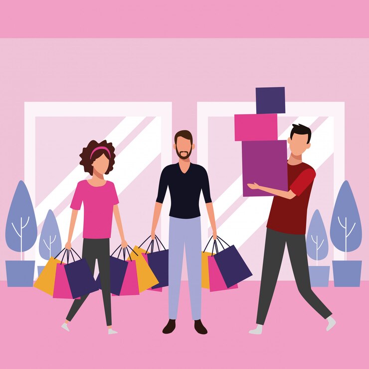 Vetor pessoas às compras no shopping