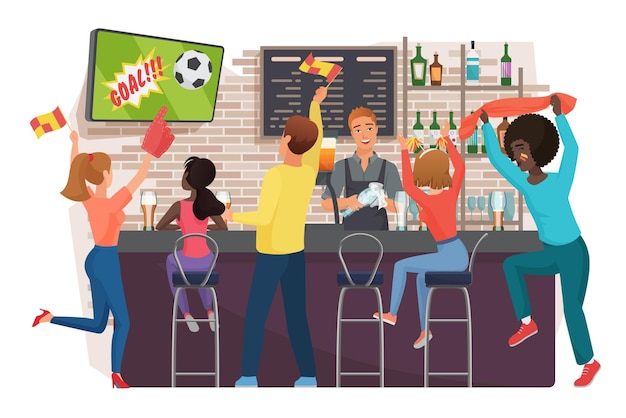 Pessoas assistindo futebol e comemorando em bar