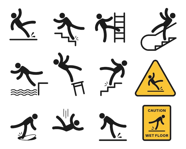 Vetor pessoas caindo. uma silhueta simples desequilibrou lesões de pessoas escorregando no chão molhado, tropeçando. queda de altitude, queda de escadas e sobre a borda, perigo, conjunto isolado de vetor de sinal de alerta