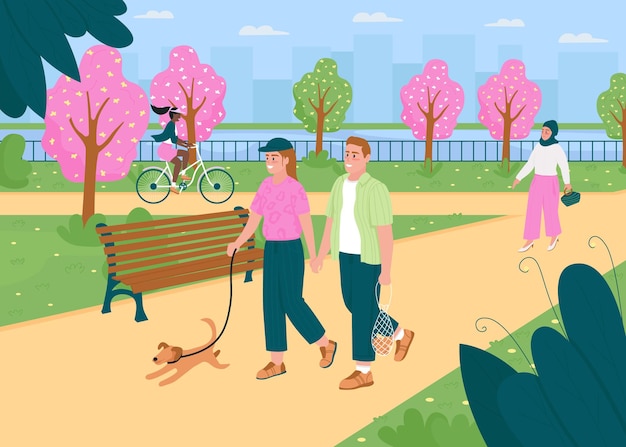 Pessoas caminham na ilustração de cores planas do parque da primavera