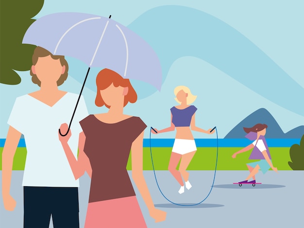 Pessoas caminhando com guarda-chuva, pulando corda e andando de skate em atividades ao ar livre