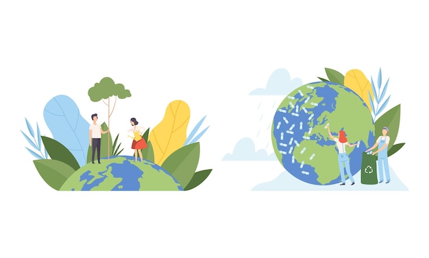 Pessoas caráter limpeza planeta Terra coleta de lixo e irrigação planta cuidar da ecologia