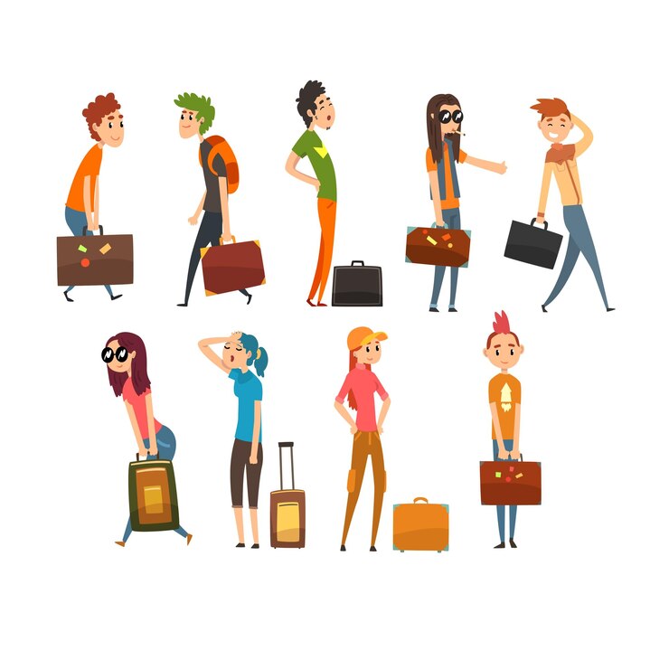 Vetor pessoas carregando malas pesadas conjunto jovem e mulher viajando em vetor de desenhos animados de férias ilustração isolado em um fundo branco
