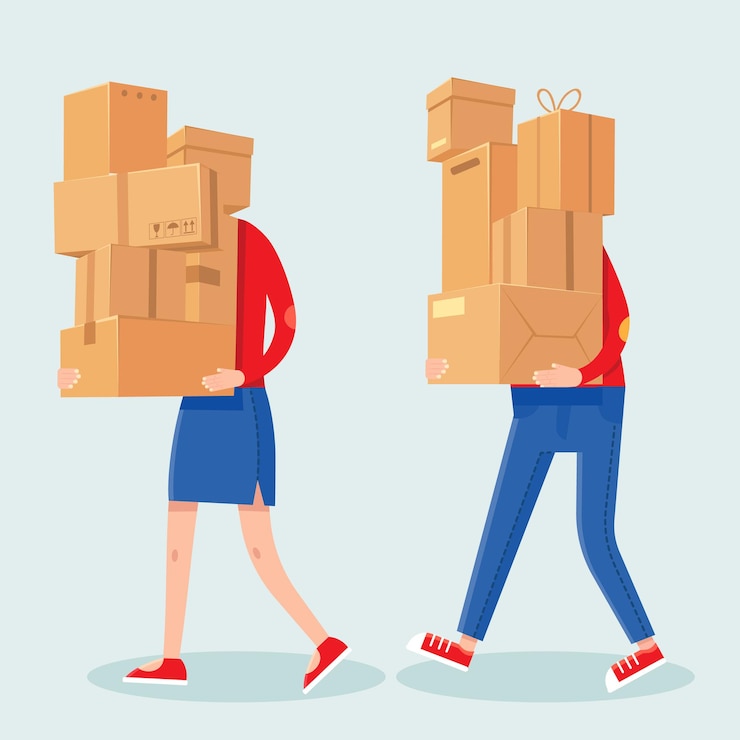 Vetor pessoas carregando pilha de caixas. homem e mulher dos desenhos animados com pilha de caixa de papelão pesada. casal familiar carrega pacotes. conceito de vetor em movimento de casa. pacote de entrega de ilustração, carregando caixa de papelão