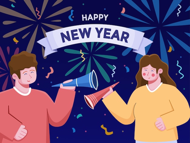 Pessoas celebram o ano novo juntos ilustração de desenho animado feliz ano novo de 2022