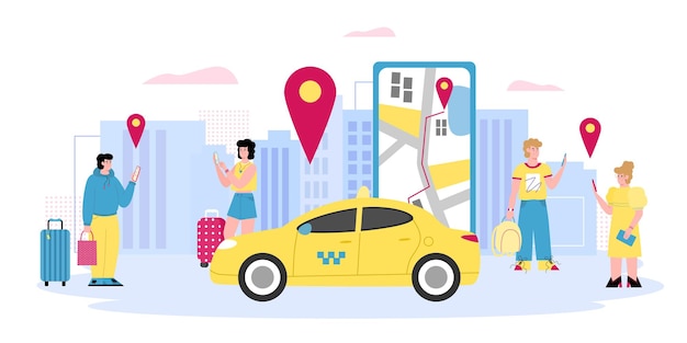Pessoas chamando táxi online usando ilustração vetorial de desenho animado em smartphone