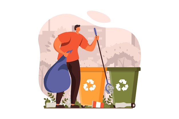 Pessoas coletando o conceito de web de lixo em design plano homem coletando resíduos em saco classificando lixo em r