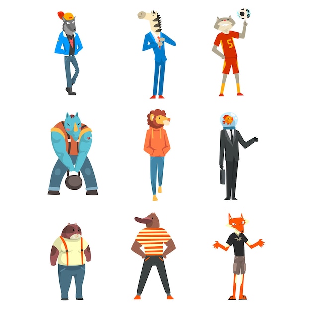 Pessoas com cabeças de animais definir lobo zebra gato castor rinoceronte leão peixe raposa personagens vestindo roupas da moda vetor ilustração isolado em um fundo branco
