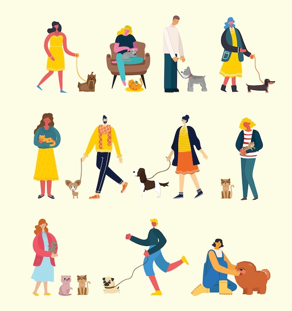 Pessoas com cães e gatos fofos e animais de estimação em estilo simples